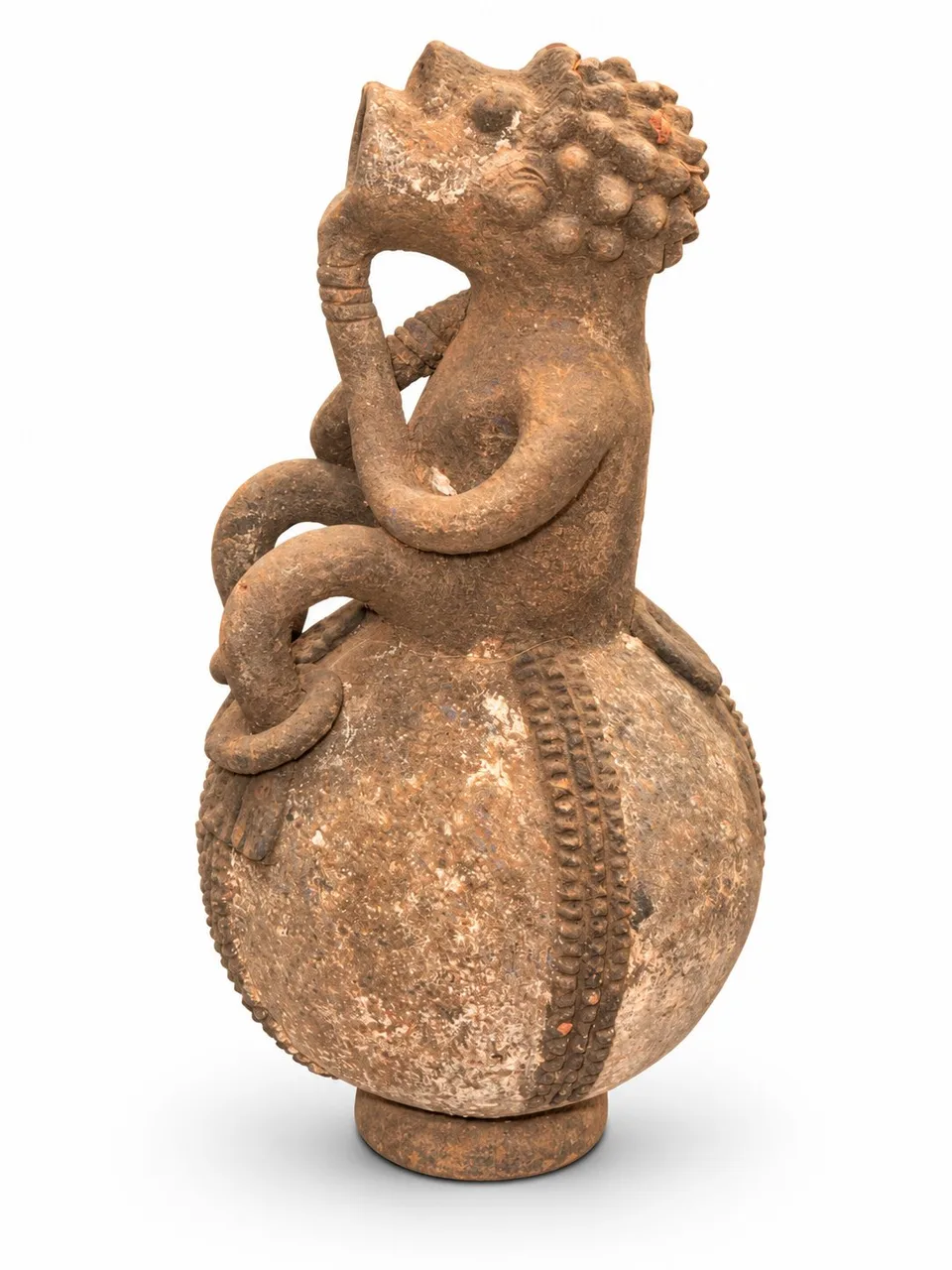 Terracotta Vessel with a Primate Covering its Mouth, side view