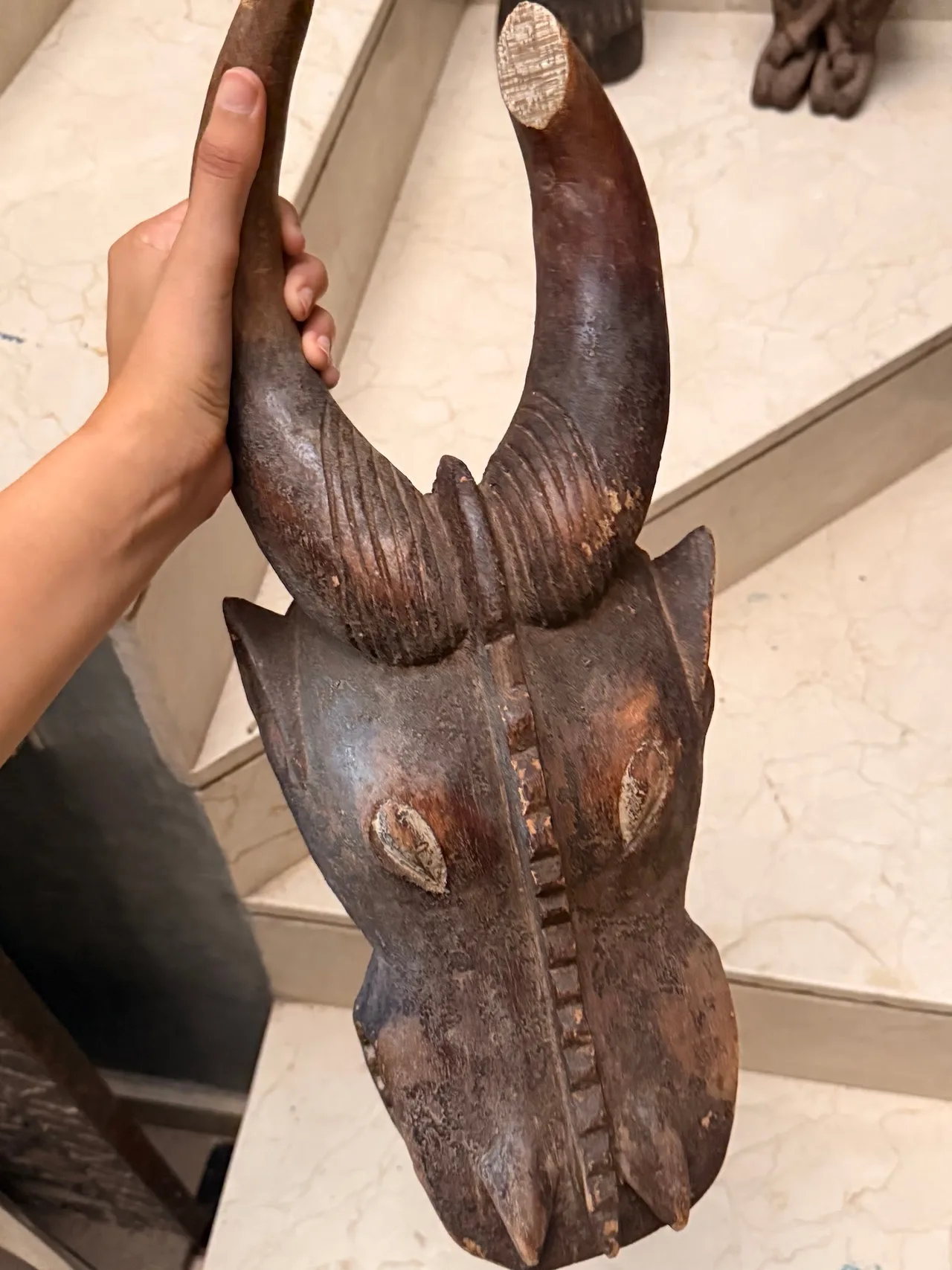 Carved Wooden Zoomorphic Horned Mask