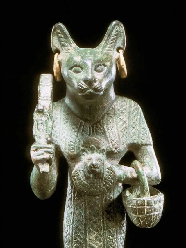 Egyptian Bronze Sculpture of Bastet with Gold Earrings — view 4