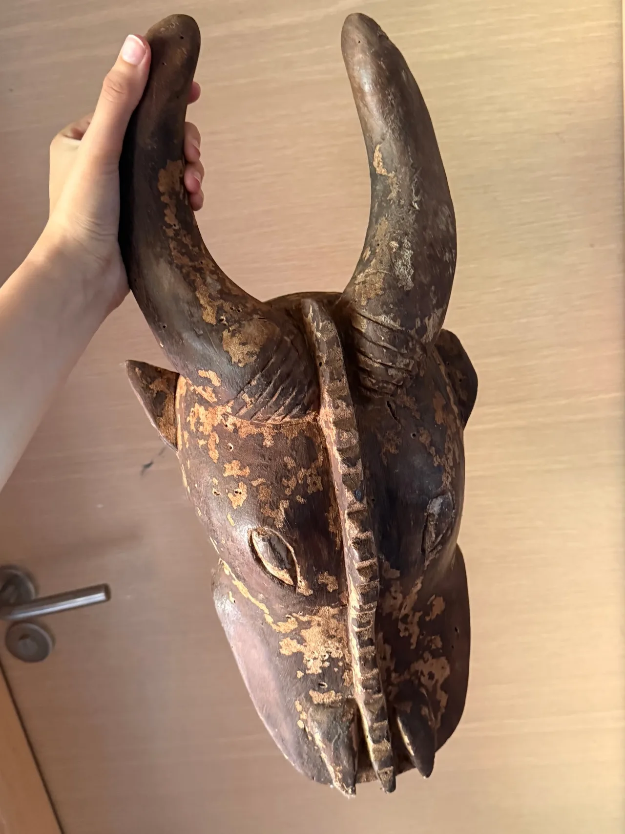 Carved Wooden Zoomorphic Horned Mask