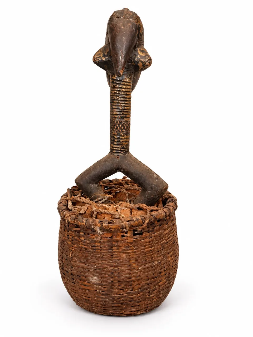 Reliquary Guardian Figure with Studded Oval Face, in its Basket, Bakota, reverse