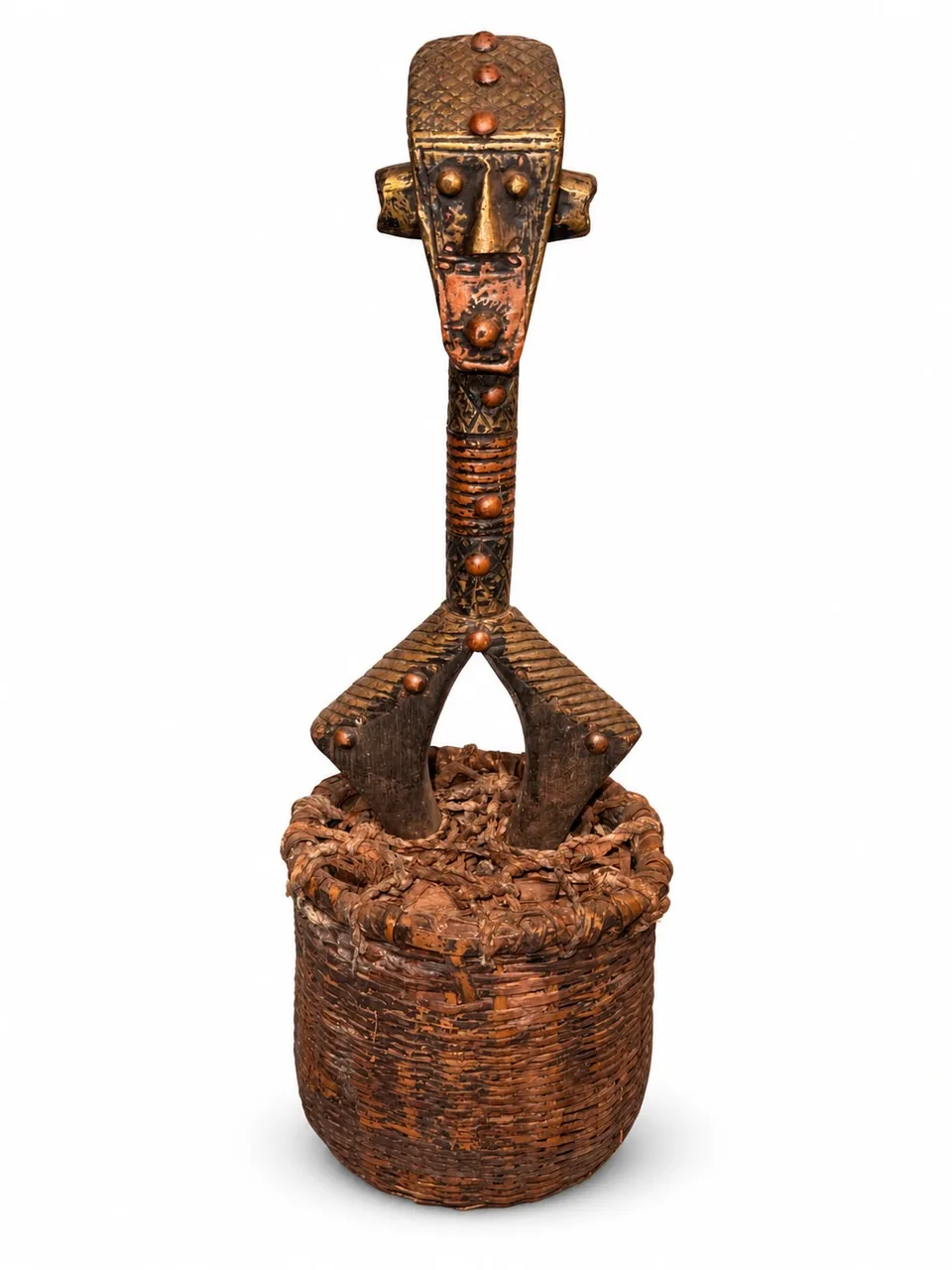 Reliquary Guardian Figure with Side Lugs, in its Basket, Bakota