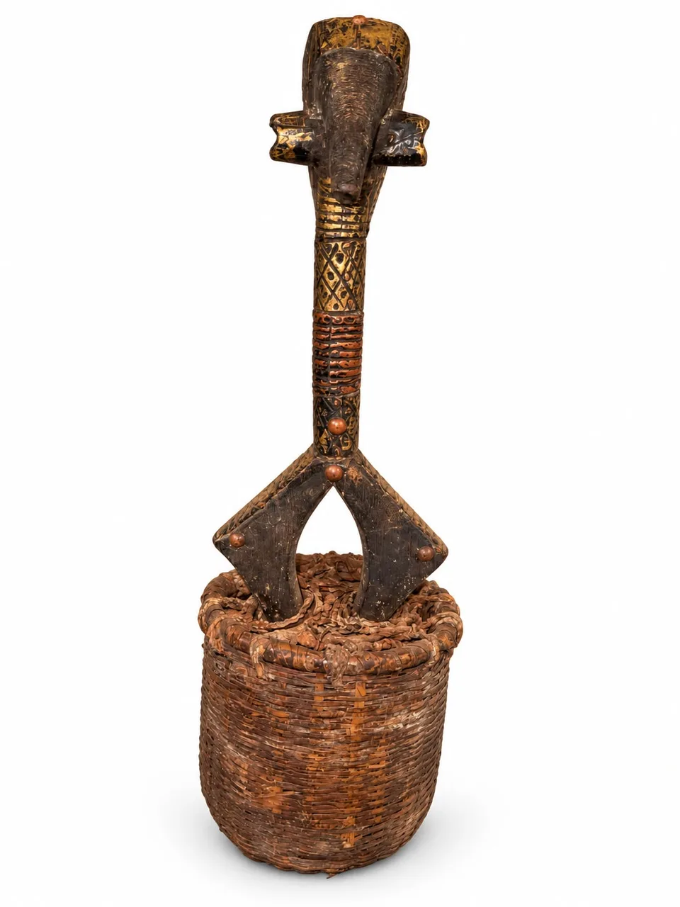Reliquary Guardian Figure with Side Lugs, in its Basket, Bakota, reverse