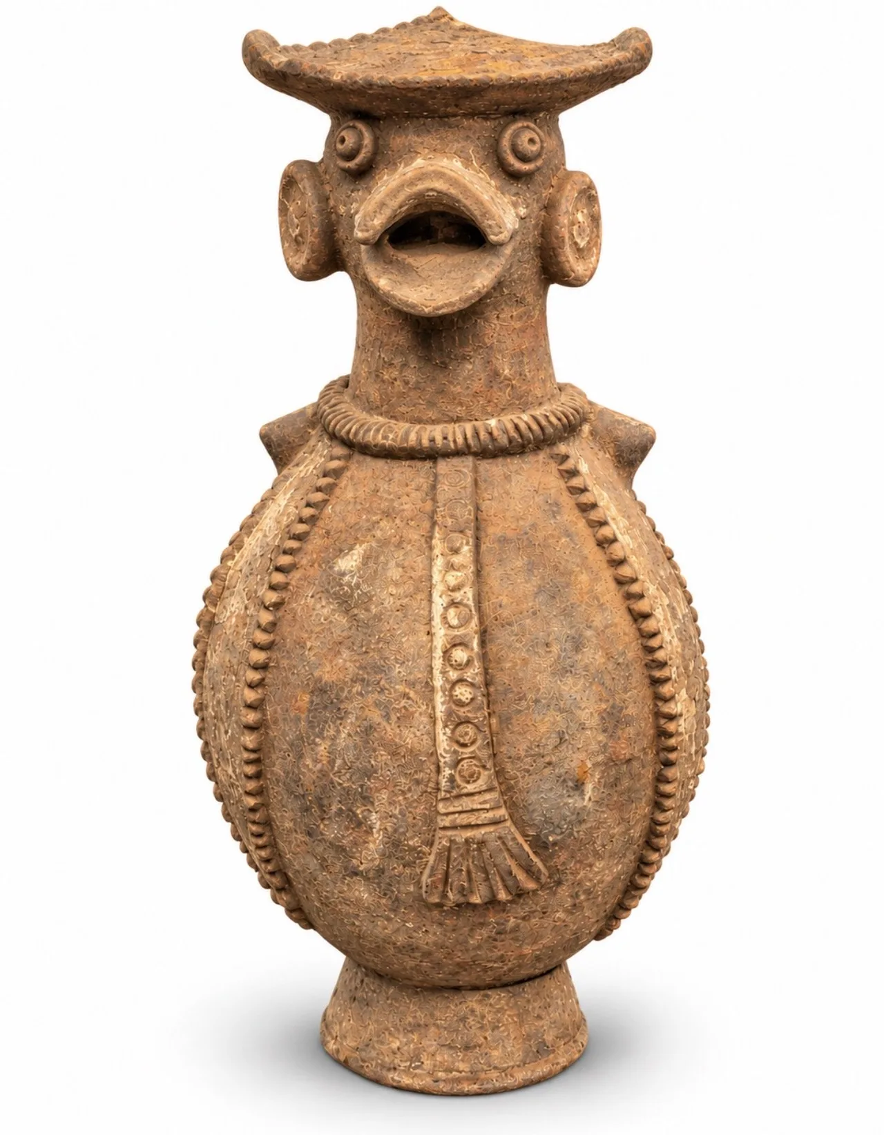 Terracotta Bird Vessel with a Flat Crown, three-quarter view
