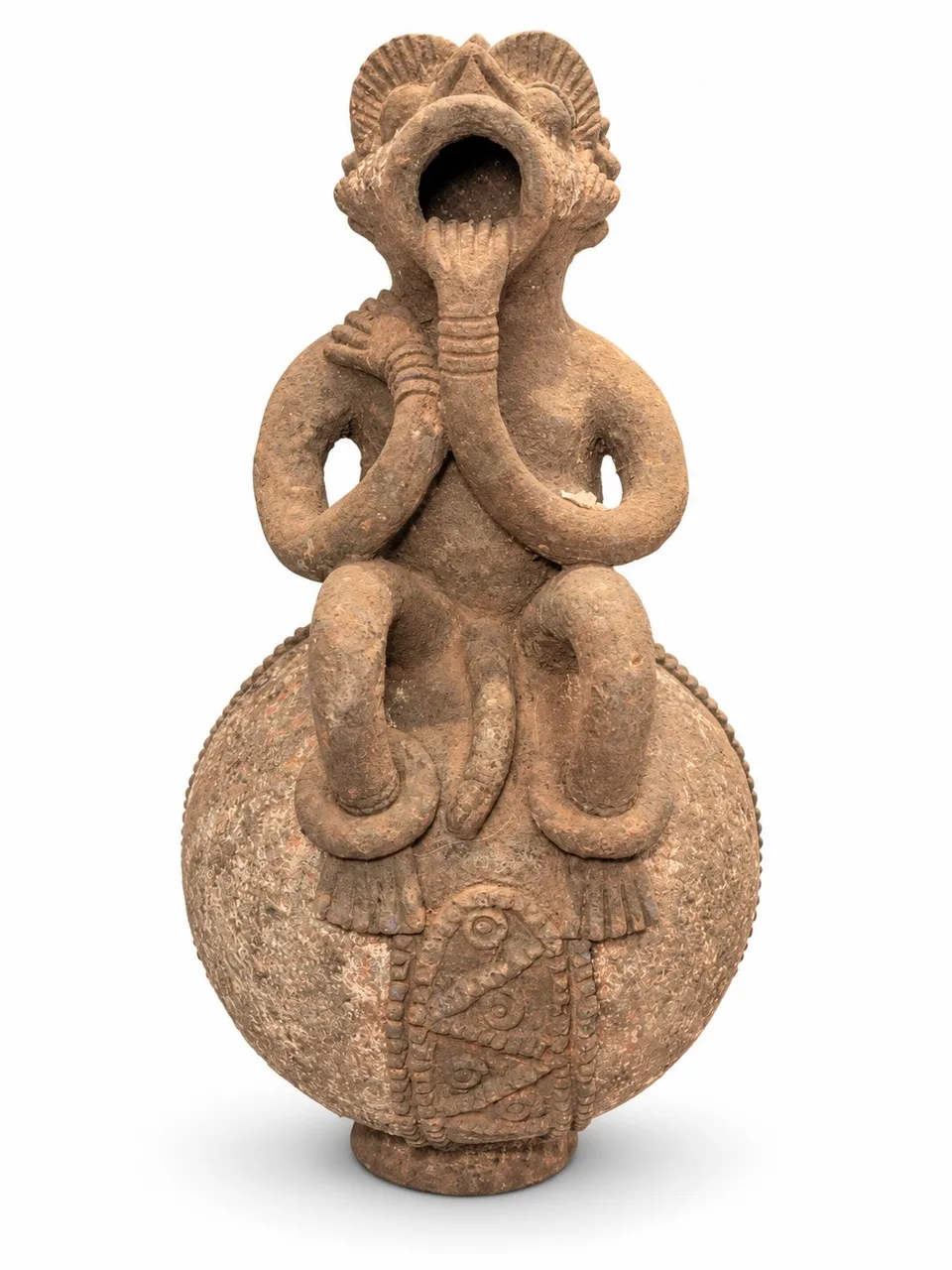 Terracotta Vessel with a Primate Covering its Mouth, front