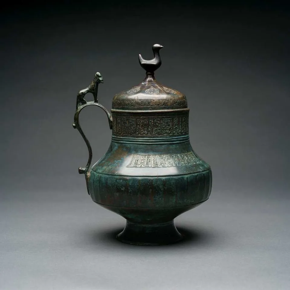 Seljuk Inlaid Bronze Vase with Bird Finial Lid