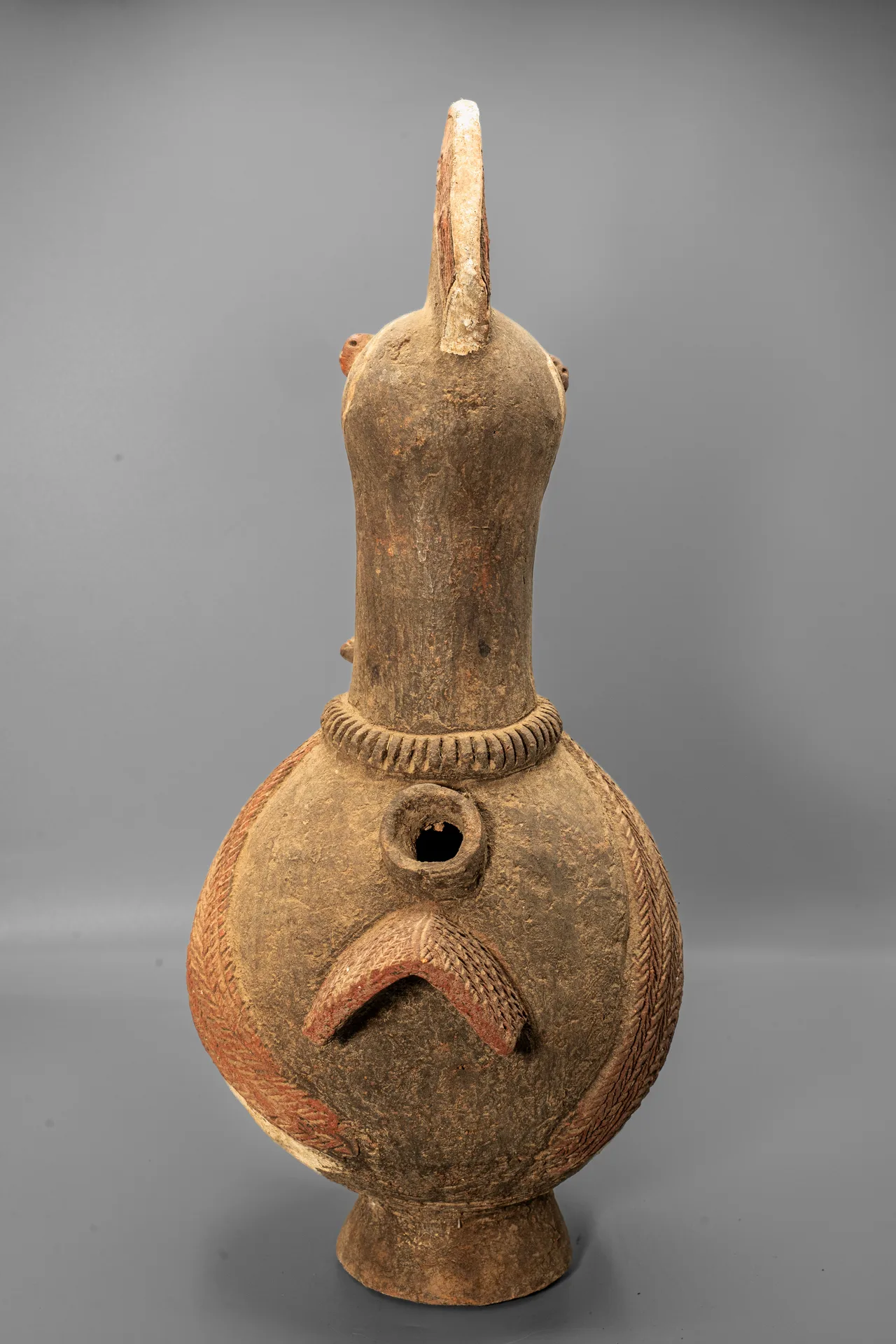 Terracotta Bird Vessel with Fan Crest and Secondary Head
