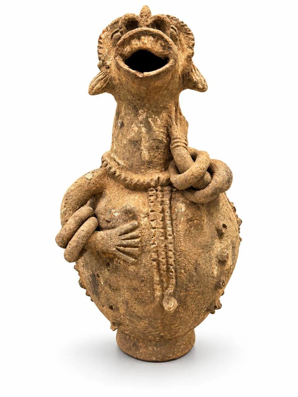 Terracotta Figure Vessel with Coiled Arms, front