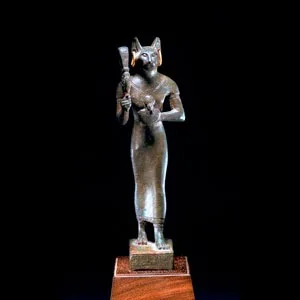 Egyptian Bronze Sculpture of Bastet with Gold Earrings