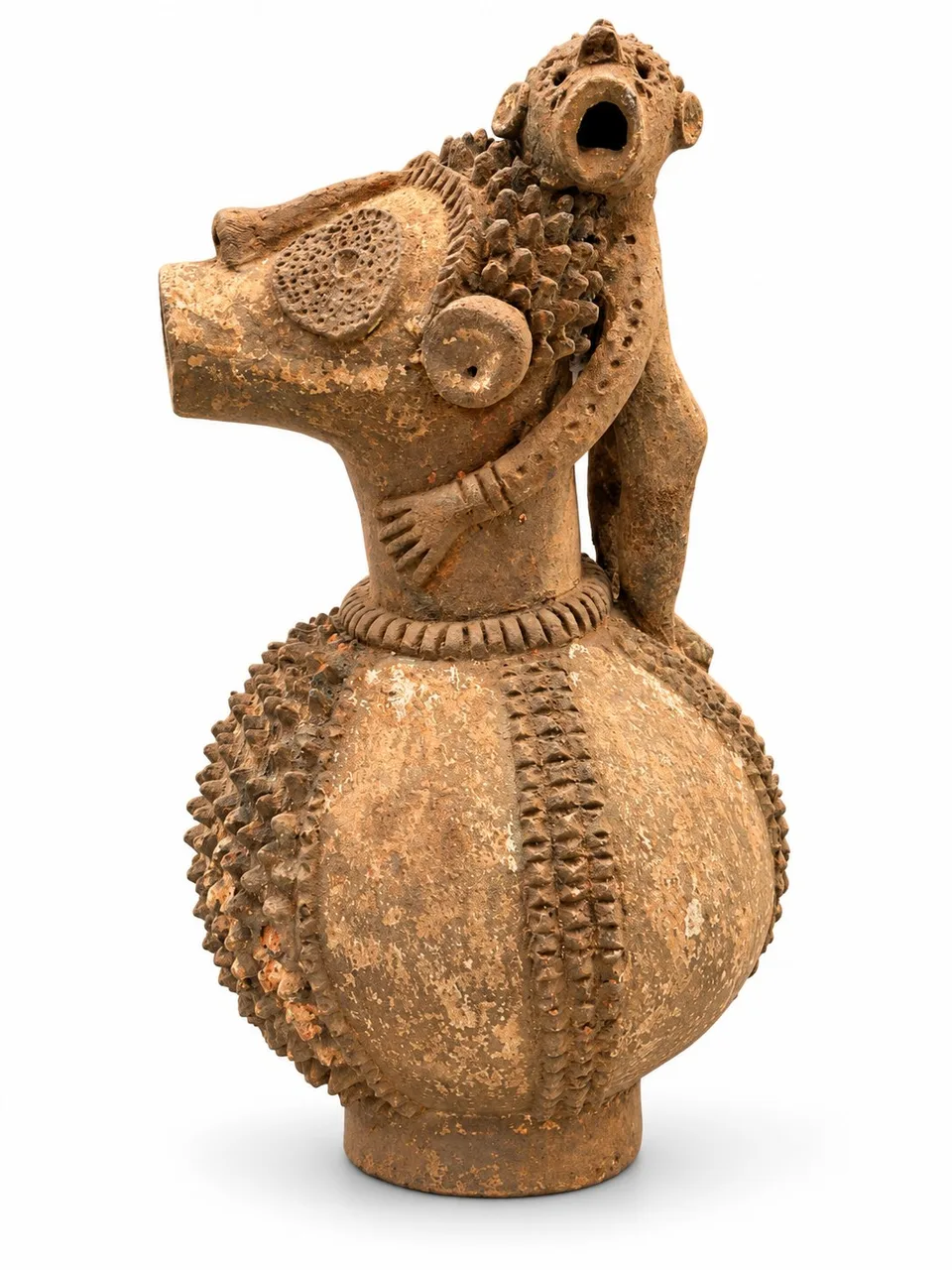 Terracotta Vessel with a Mask-Face and Climbing Primate, side view