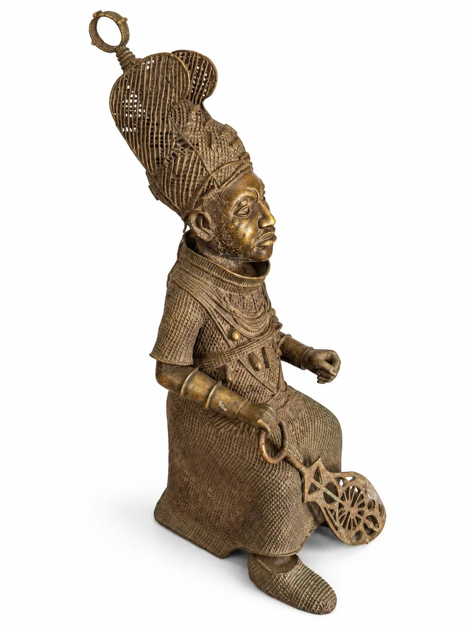 Enthroned Ruler with Openwork Crown and Ceremonial Sword, Benin Court Style, three-quarter view