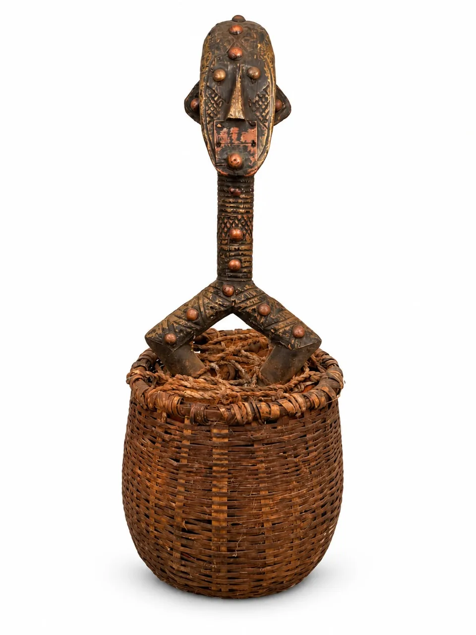 Reliquary Guardian Figure with Studded Oval Face, in its Basket, Bakota