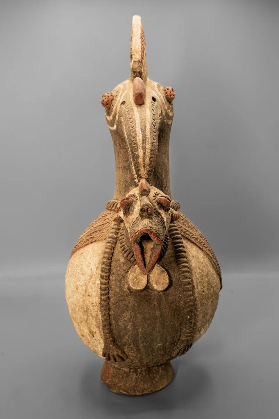 Terracotta Bird Vessel with Fan Crest and Secondary Head