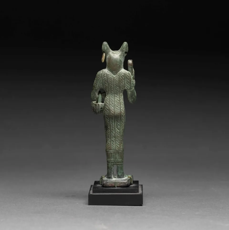 Egyptian Bronze Sculpture of Bastet with Gold Earrings — view 3