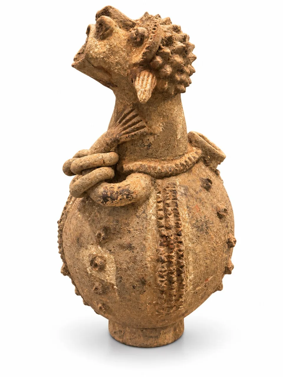 Terracotta Figure Vessel with Coiled Arms, side view