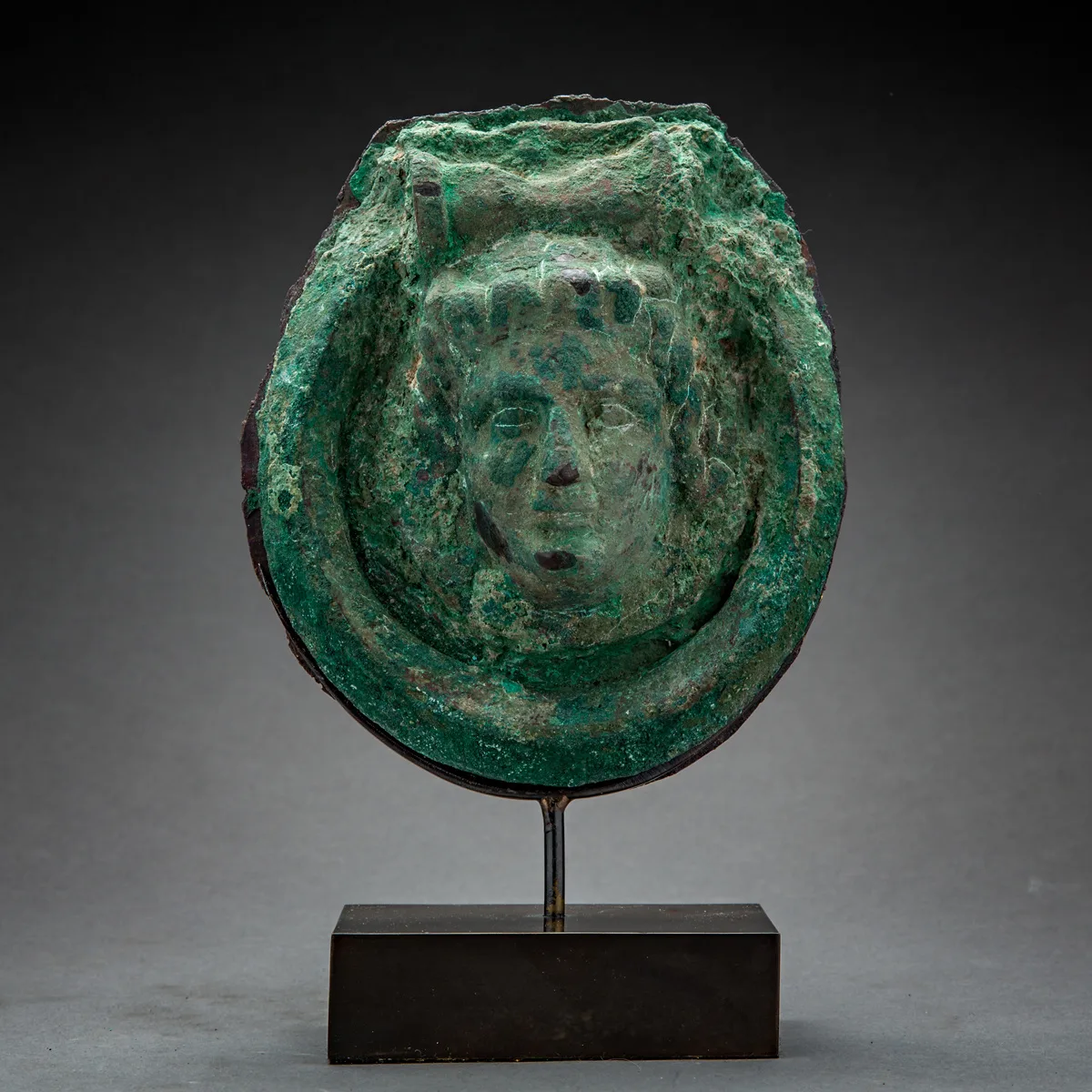 Bronze Hellenistic Period Handle, Decorated with Female Head in Relief, view 1