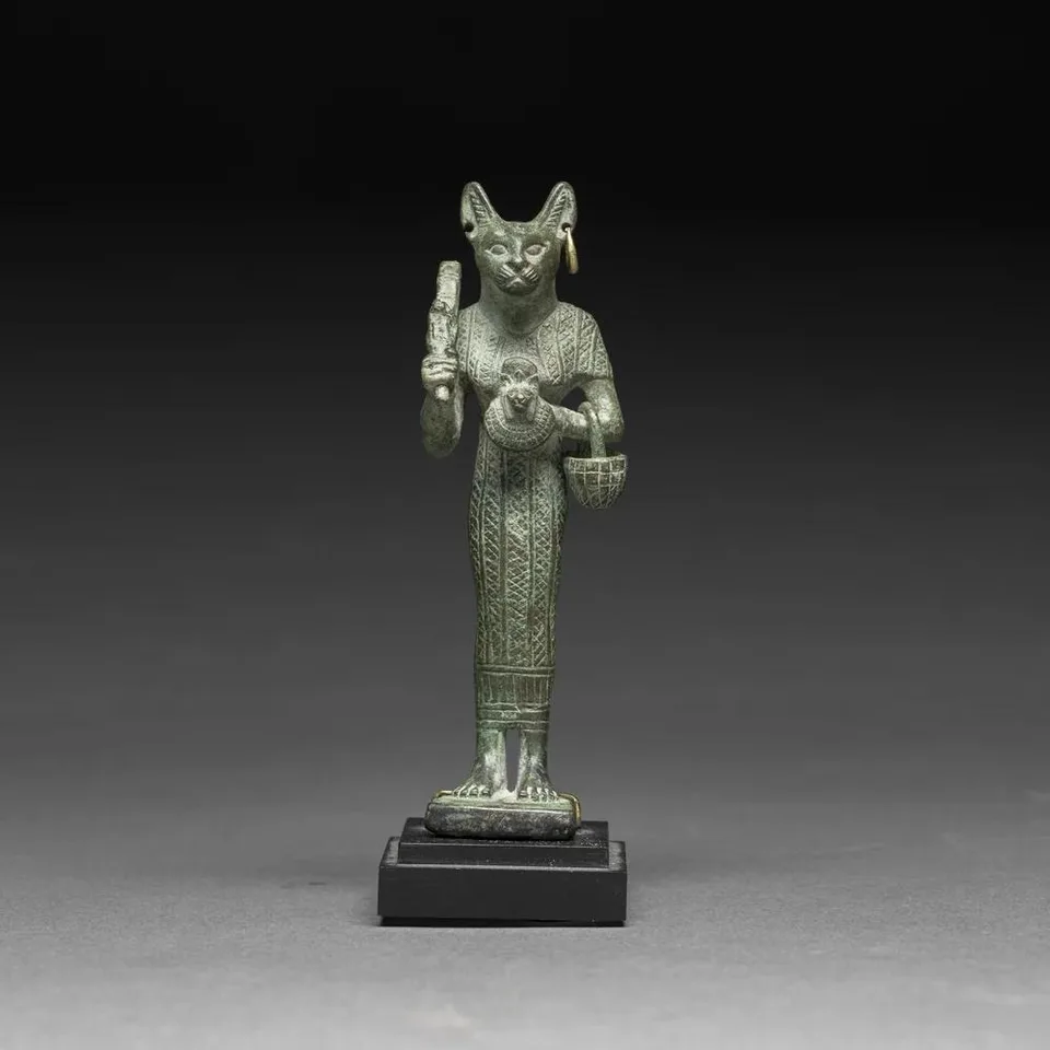 Egyptian Bronze Sculpture of Bastet with Gold Earrings