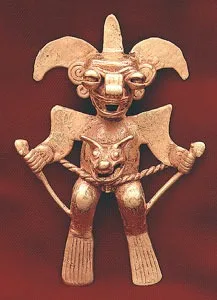Gold Pendant of a Costumed Shaman Holding Two Snakes