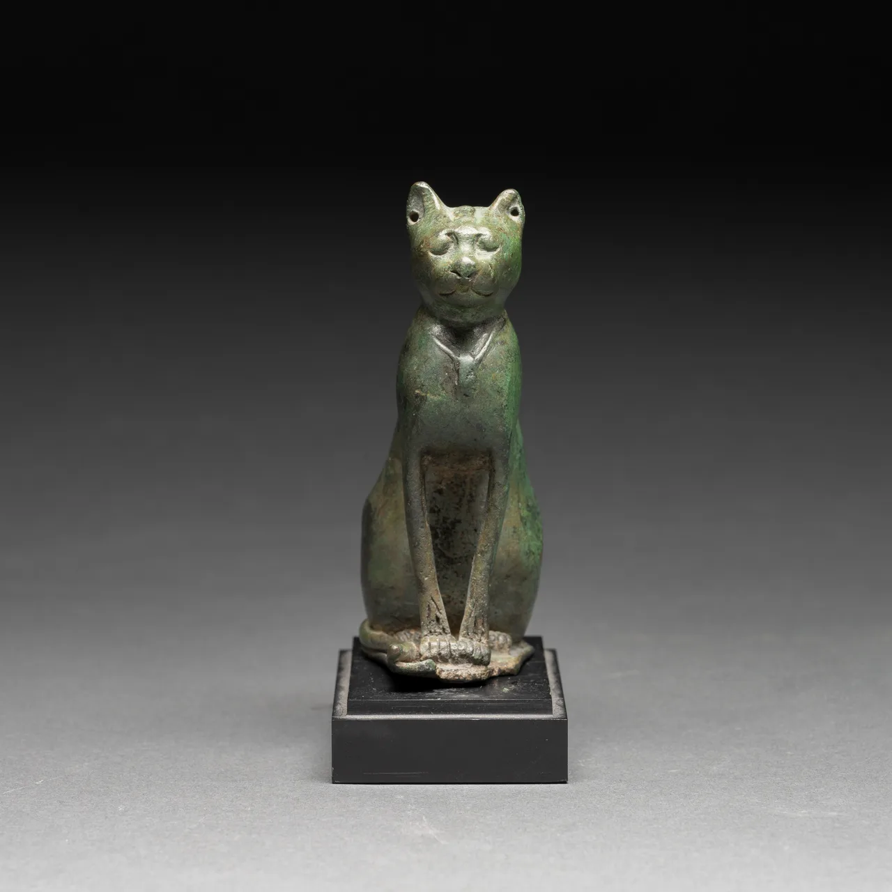 Late Dynastic Bronze Sculpture of a Cat, view 1