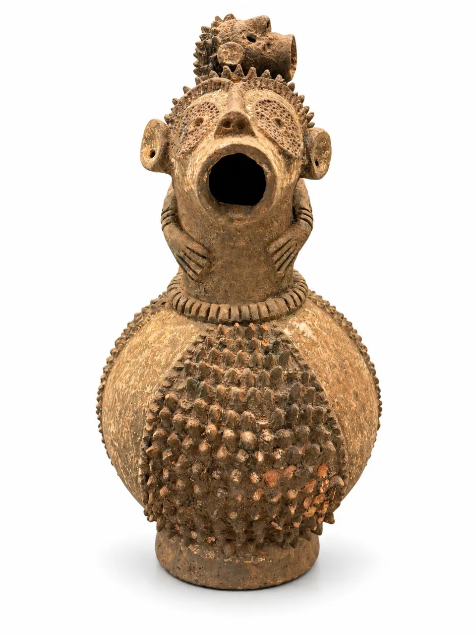 Terracotta Vessel with a Mask-Face and Climbing Primate, front