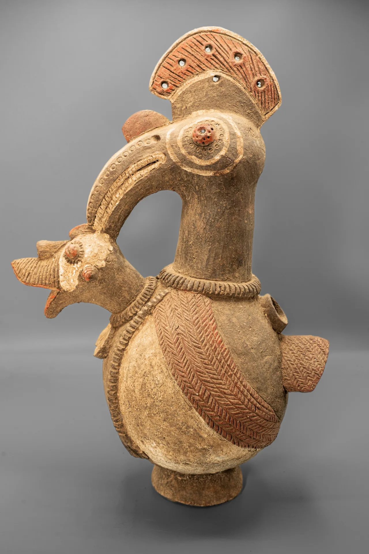 Terracotta Bird Vessel with Fan Crest and Secondary Head