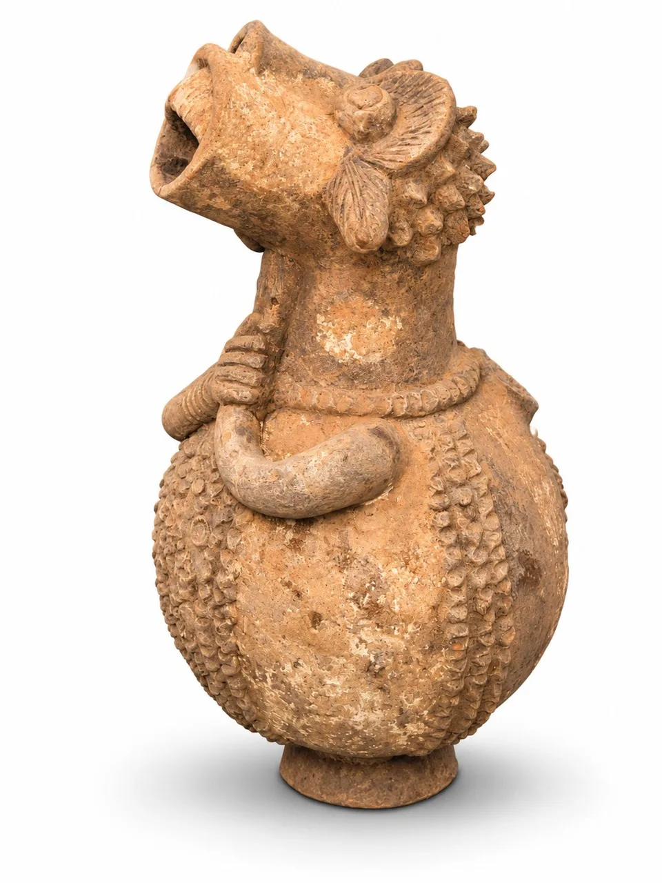 Terracotta Figure Vessel Holding its Throat, side view