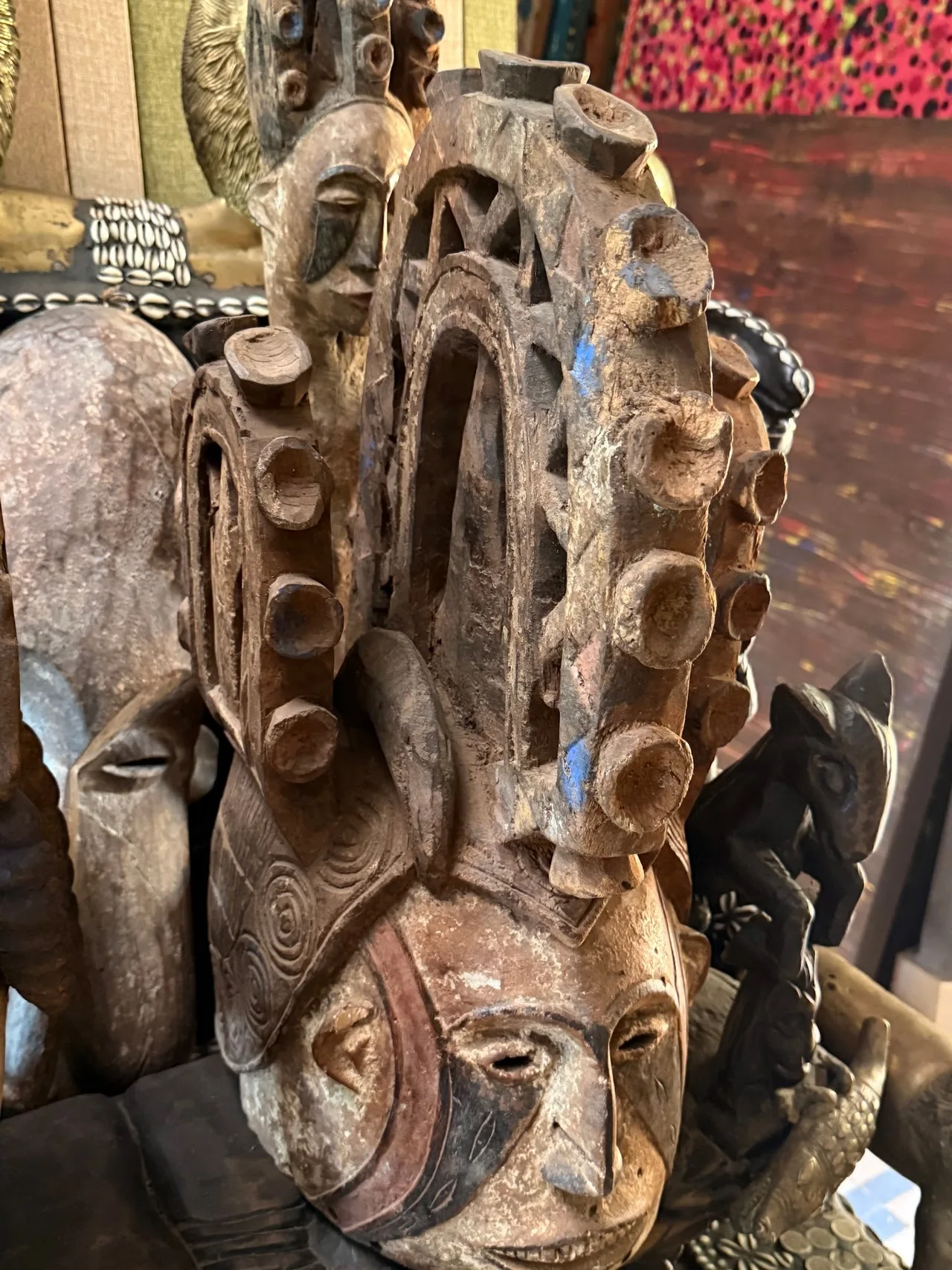 Elaborate Carved Wooden Crested and Haloed Ritual Mask