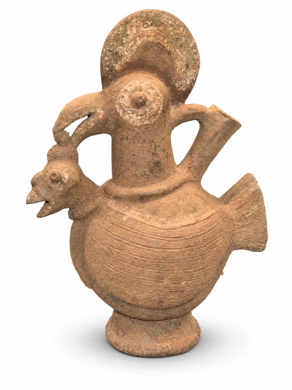 Terracotta Bird Vessel with a Halo Crest, side view