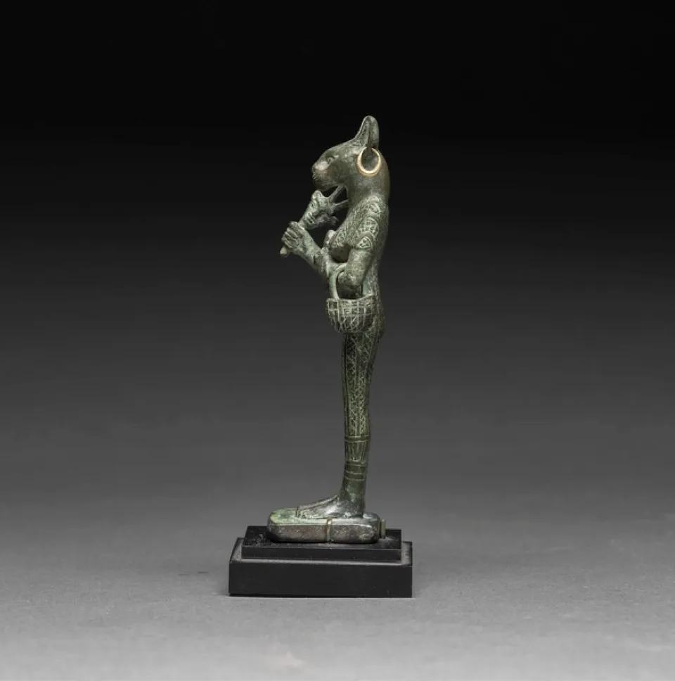 Egyptian Bronze Sculpture of Bastet with Gold Earrings — view 2