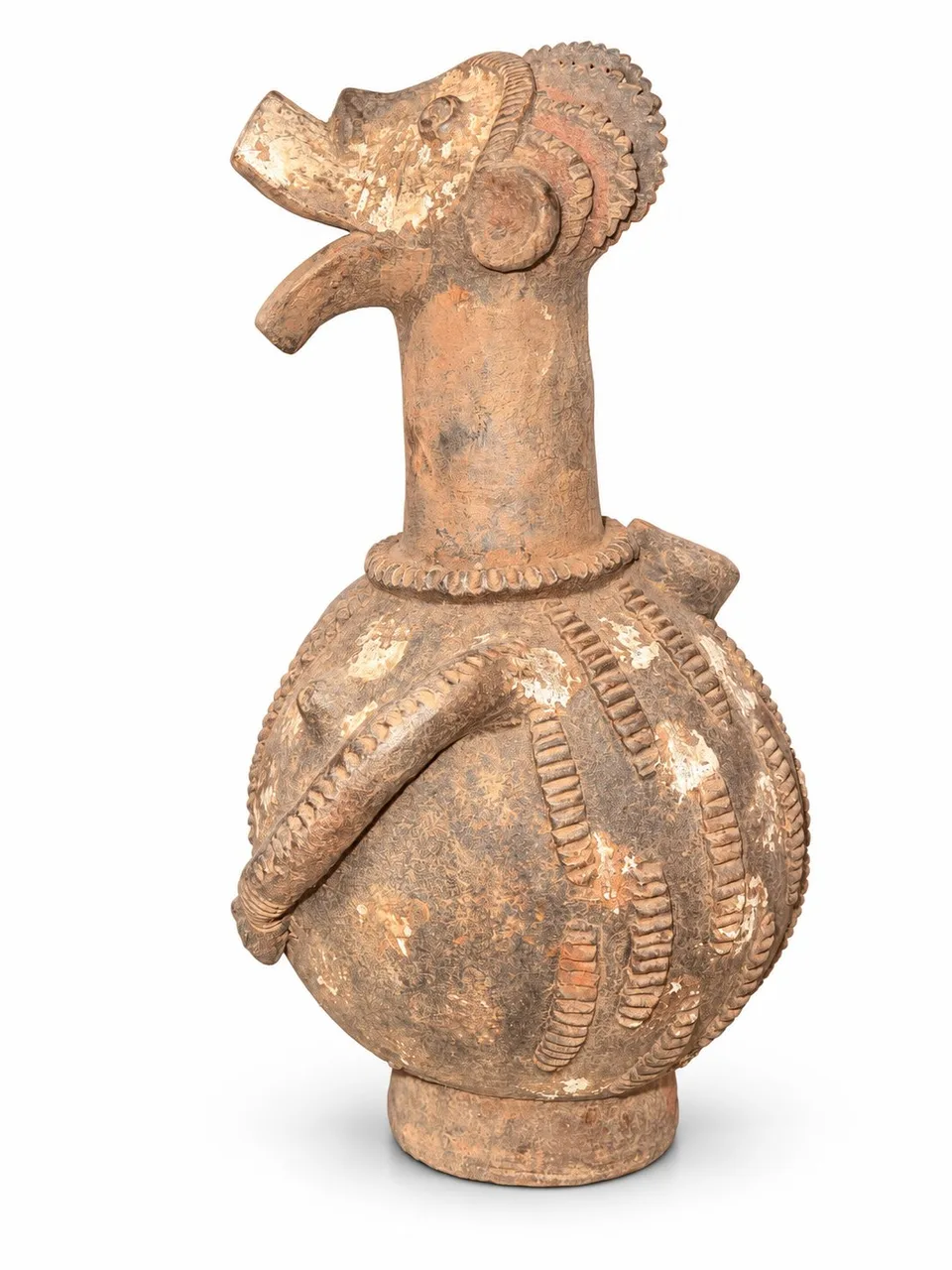 Terracotta Long-Necked Figure with Protruding Tongue, side view