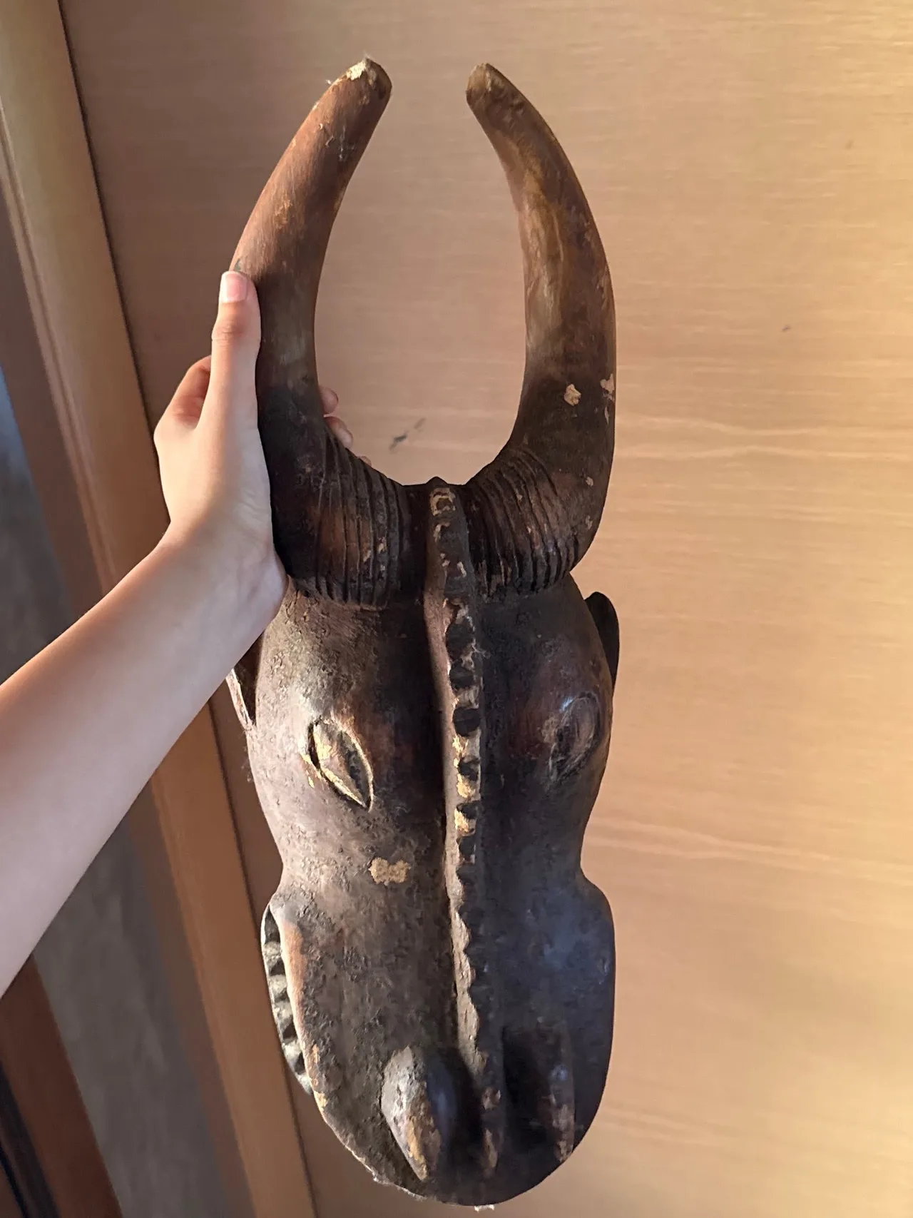 Carved Wooden Zoomorphic Horned Mask