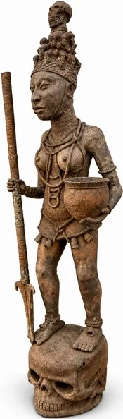 Standing Female Figure on a Skull Throne, West African Court Style, three-quarter view