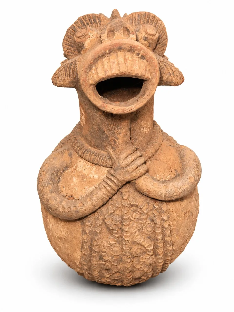 Terracotta Figure Vessel Holding its Throat, front
