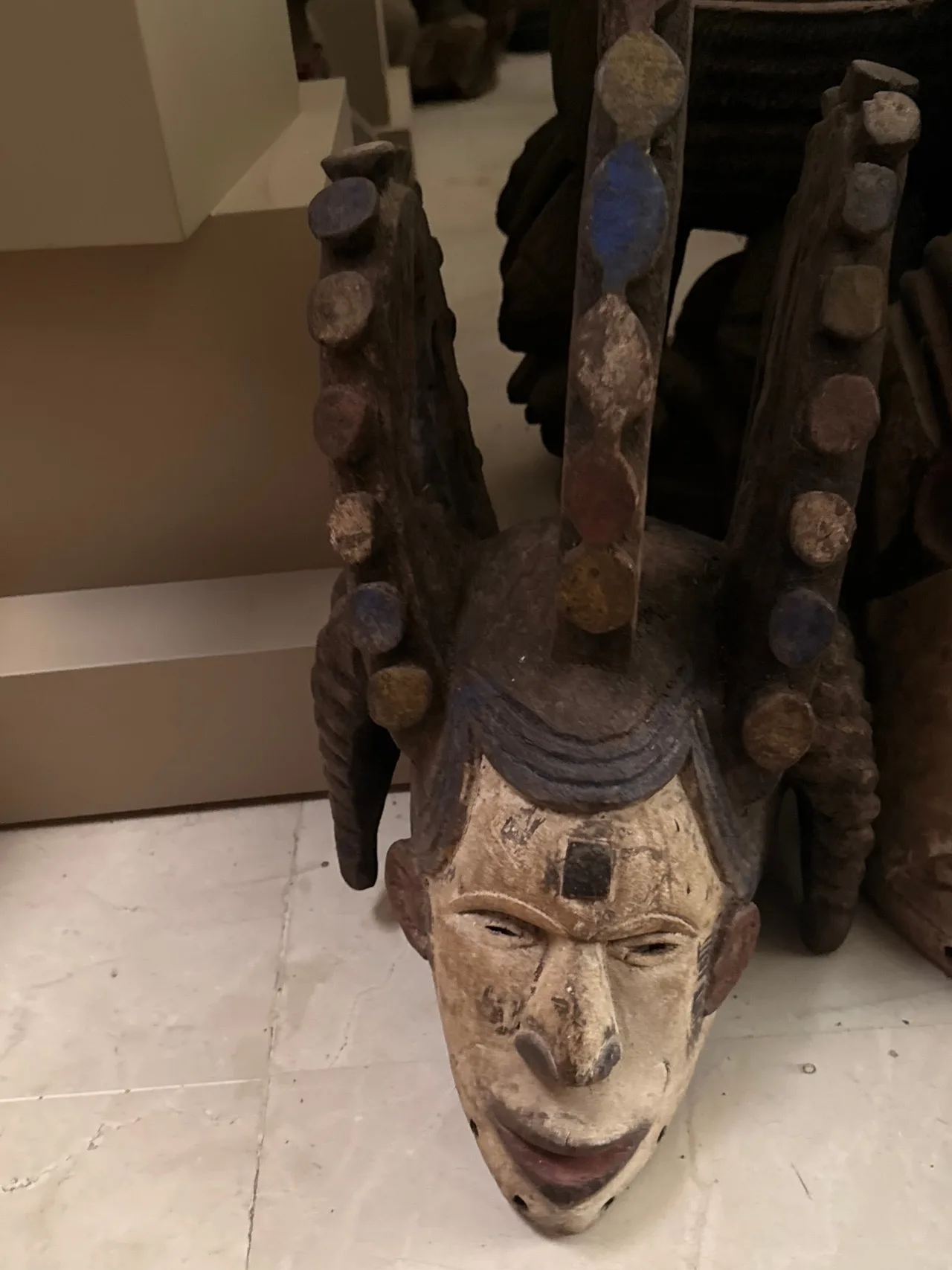 Elaborate Carved Wooden Crested and Studded Ritual Mask